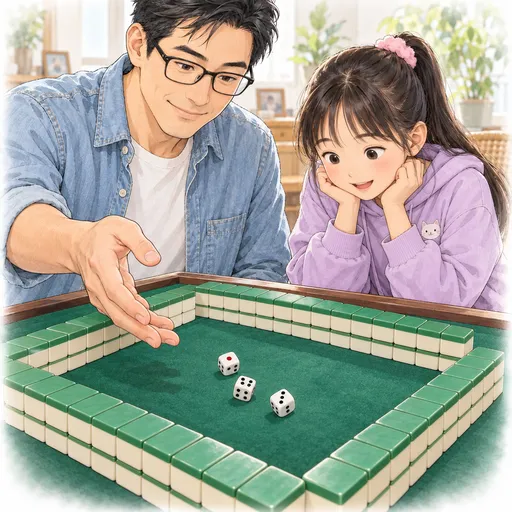 爸爸在四条牌墙围成的四方中间掷三粒骰子,孙女凑近看