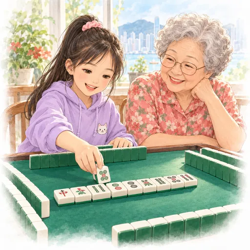 孙女把一只牌面向上放进枱中间的弃牌行列,嫲嫲在旁边微笑