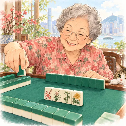 嫲嫲把梅兰竹菊几只花牌亮在手牌旁边,伸手到牌墙尾补牌