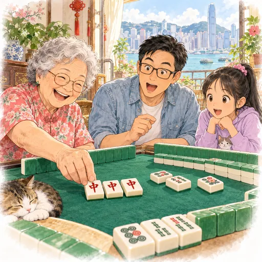 嫲嫲伸手拿走刚打出的红中,把三只红中面向上排在自己面前,爸爸一脸惊讶