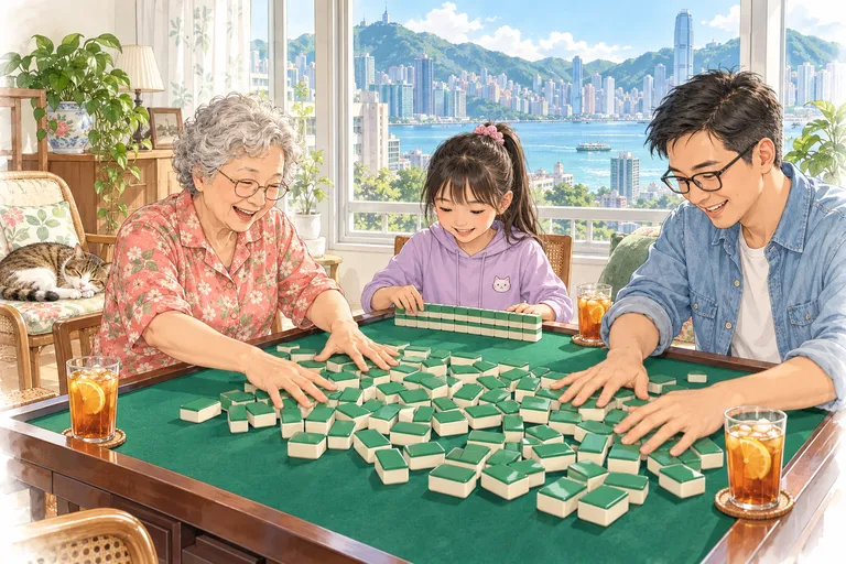 嫲嫲、爸爸和孙女围着绿色麻将桌洗牌、砌牌,猫在椅上睡觉