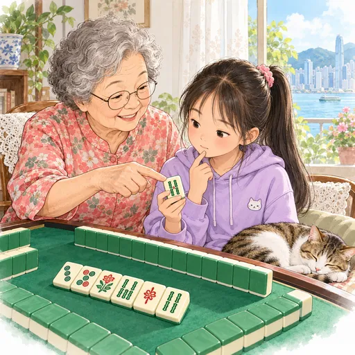 嫲嫲坐在孙女旁边,指着她手上的一只牌,孙女托着下巴思考,猫在椅上睡觉