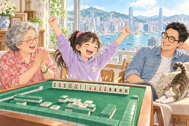 孙女把 14 只牌面向上摊在面前,双手举高欢呼,嫲嫲拍手大笑